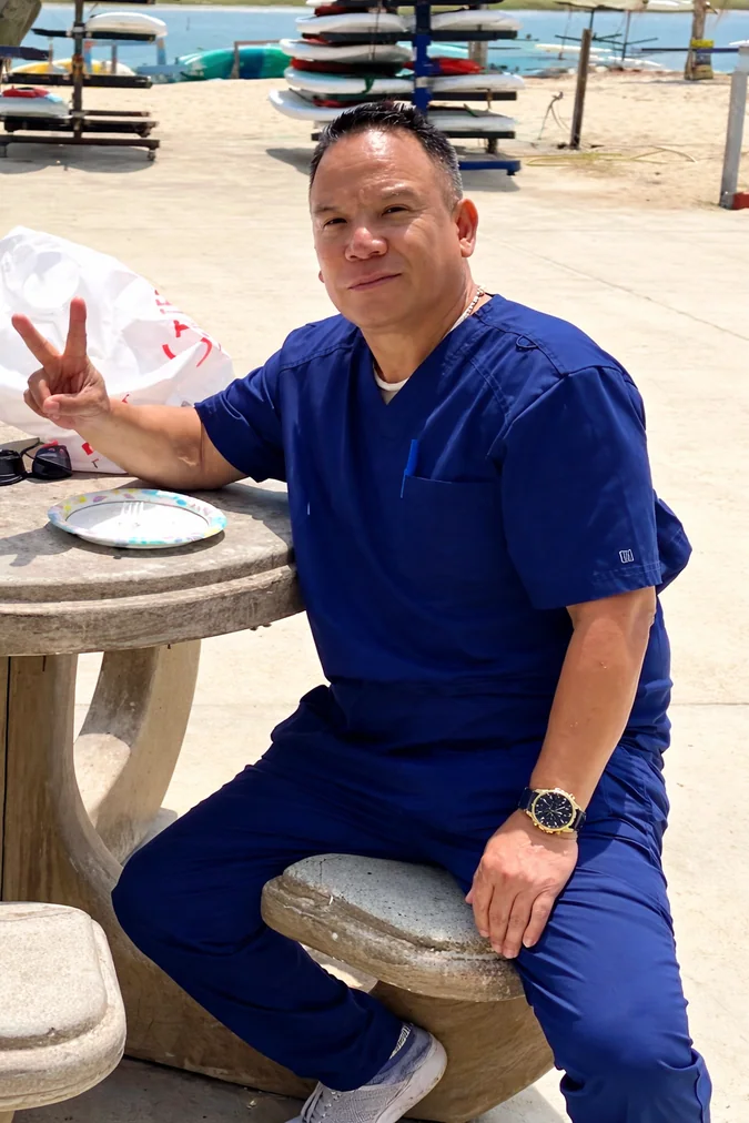 Healthcare provider in blue medical scrubs sitting outdoors at waterfront location